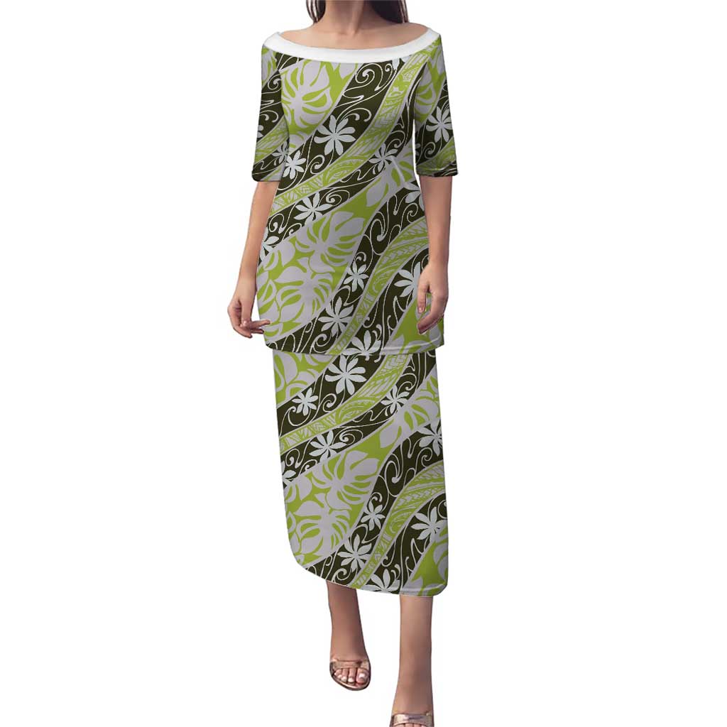 Olive Tahiti Tiare Monstera Puletasi Polynesian Pattern Curve Style - Polynesian Pride