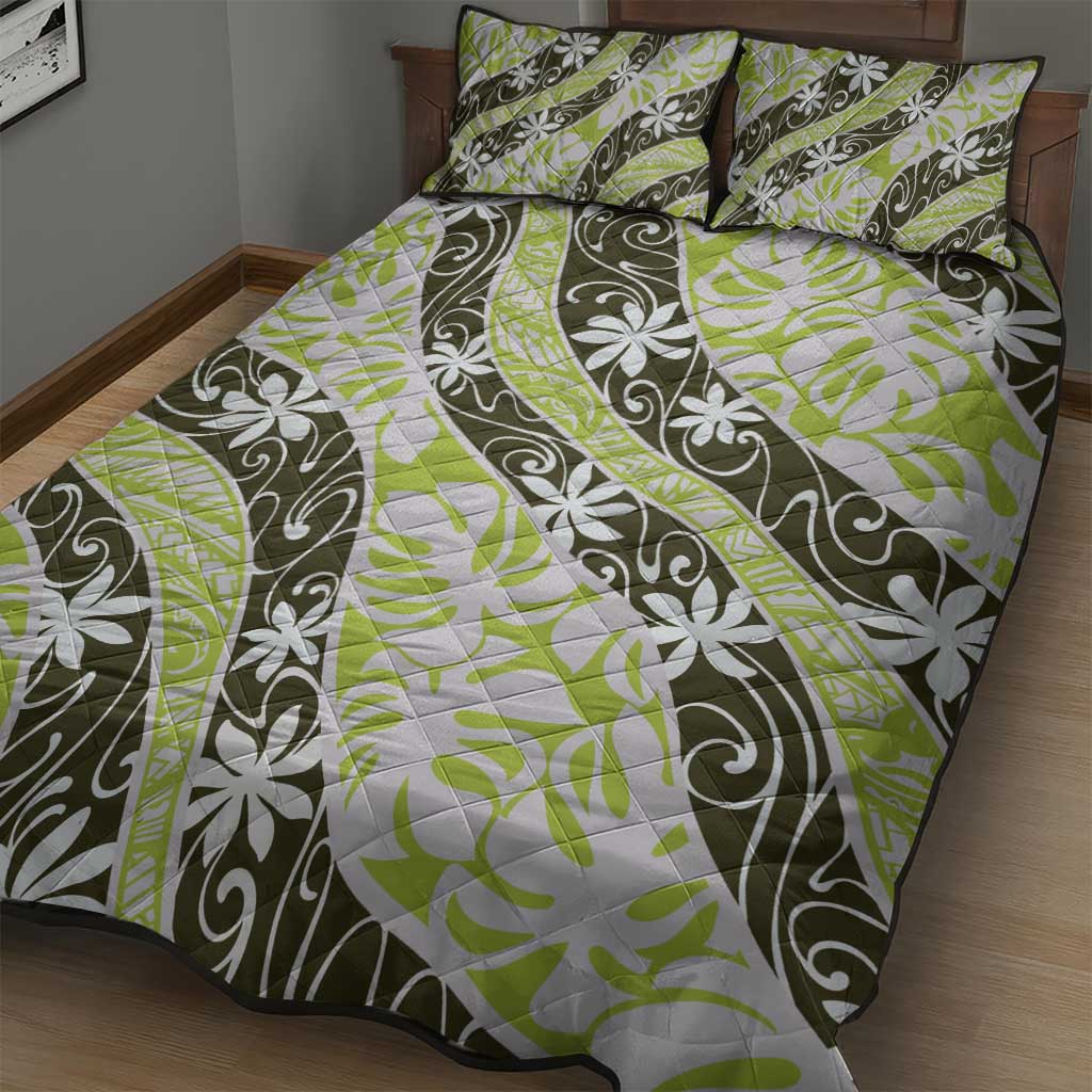 Olive Tahiti Tiare Monstera Quilt Bed Set Polynesian Pattern Curve Style - Polynesian Pride