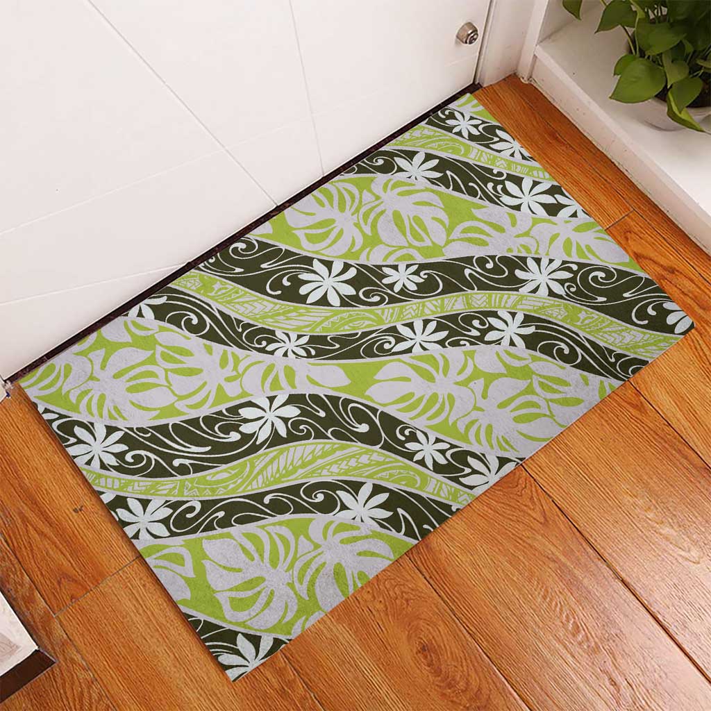 Olive Tahiti Tiare Monstera Rubber Doormat Polynesian Pattern Curve Style - Polynesian Pride