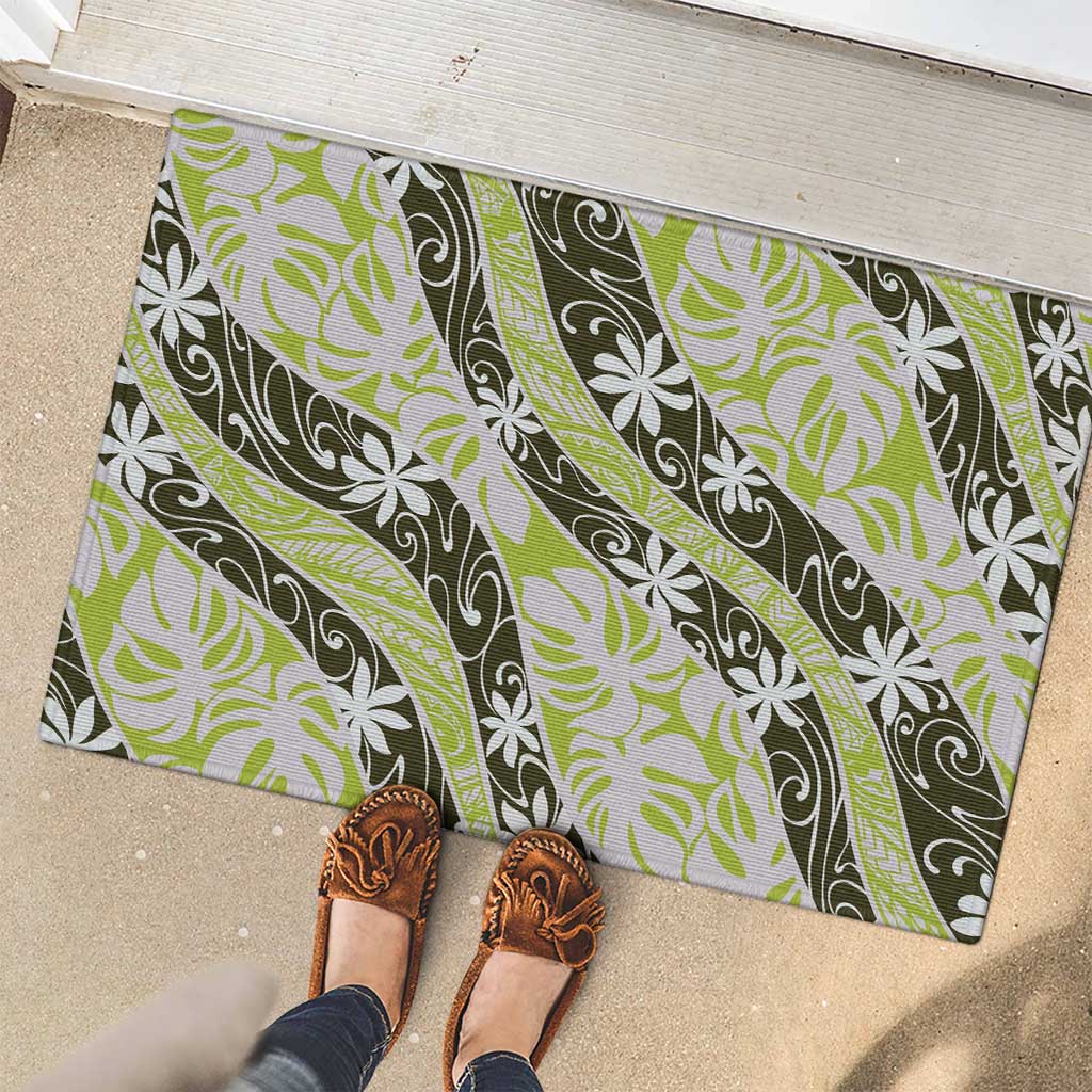 Olive Tahiti Tiare Monstera Rubber Doormat Polynesian Pattern Curve Style - Polynesian Pride