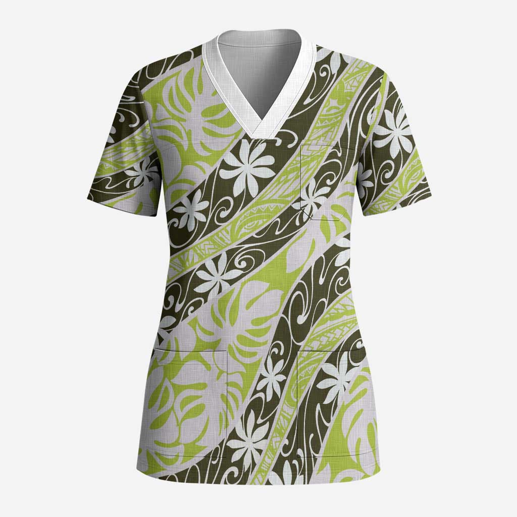 Olive Tahiti Tiare Monstera Scrub Top Polynesian Pattern Curve Style - Polynesian Pride