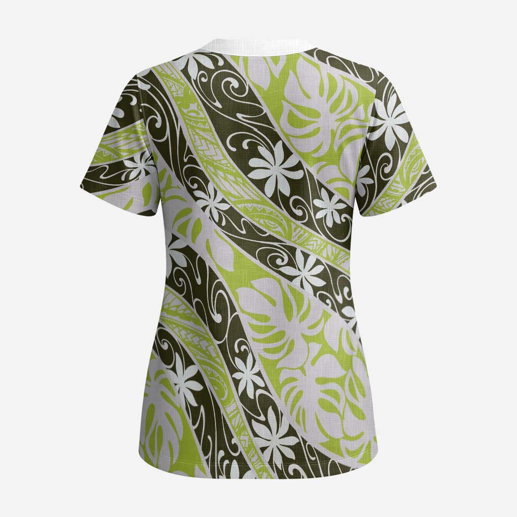 Olive Tahiti Tiare Monstera Scrub Top Polynesian Pattern Curve Style - Polynesian Pride
