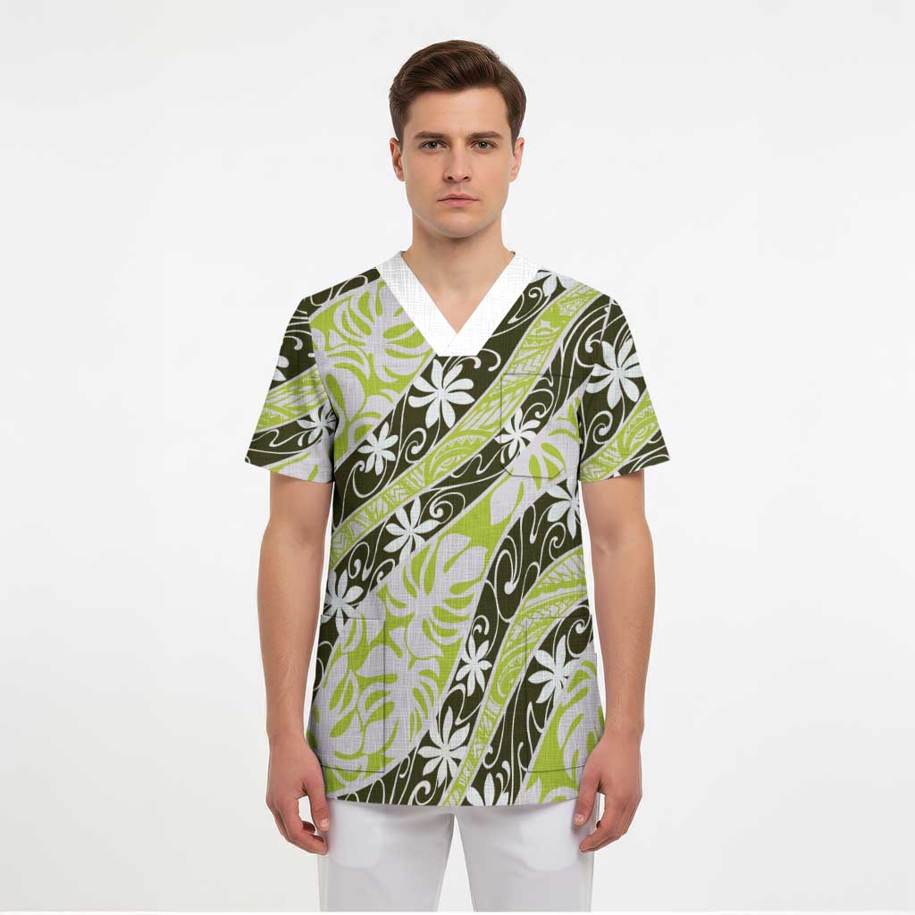 Olive Tahiti Tiare Monstera Scrub Top Polynesian Pattern Curve Style - Polynesian Pride