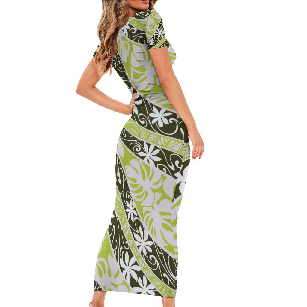 Olive Tahiti Tiare Monstera Short Sleeve Bodycon Dress Polynesian Pattern Curve Style - Polynesian Pride