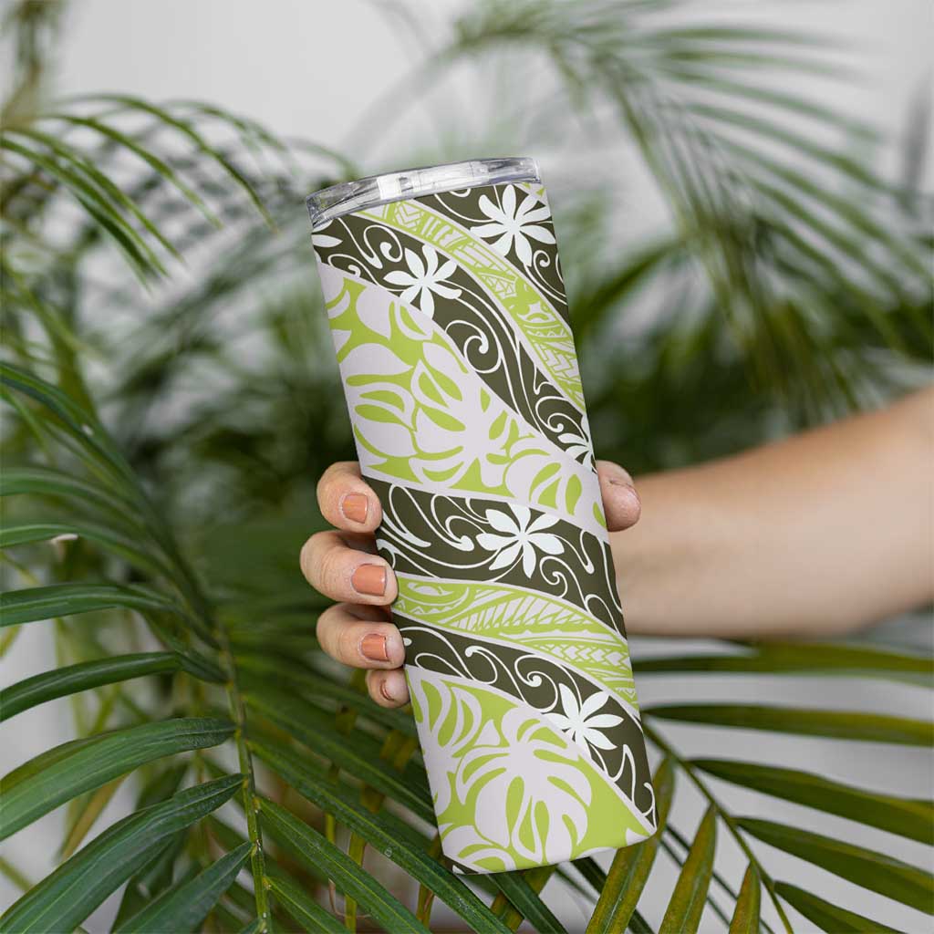 Olive Tahiti Tiare Monstera Skinny Tumbler Polynesian Pattern Curve Style - Polynesian Pride