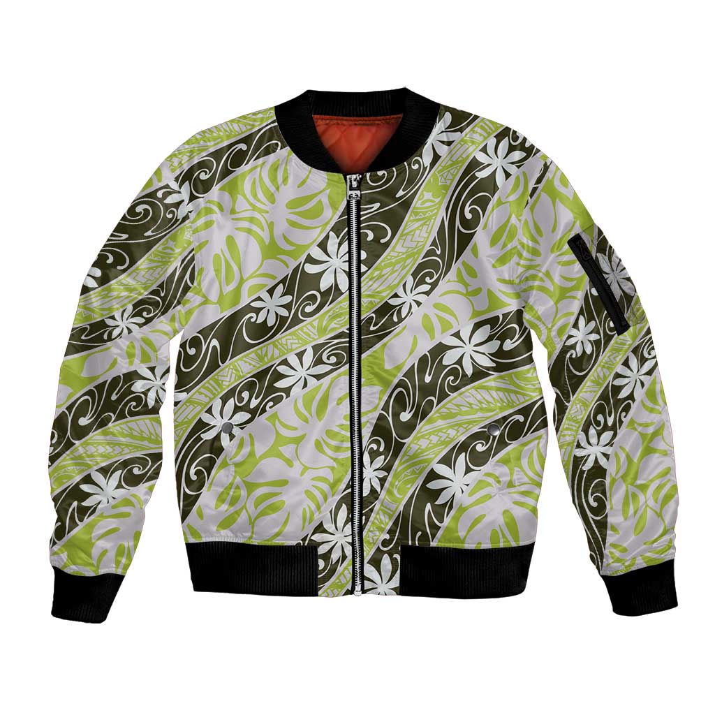 Olive Tahiti Tiare Monstera Sleeve Zip Bomber Jacket Polynesian Pattern Curve Style - Polynesian Pride