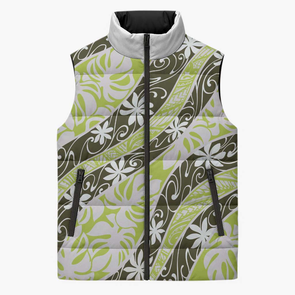 Olive Tahiti Tiare Monstera Sleeveless Puffer Jacket Polynesian Pattern Curve Style - Polynesian Pride