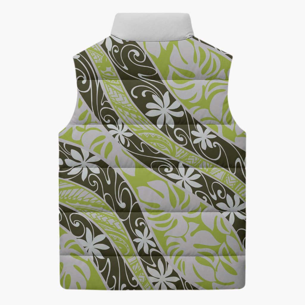 Olive Tahiti Tiare Monstera Sleeveless Puffer Jacket Polynesian Pattern Curve Style - Polynesian Pride