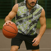 Olive Tahiti Tiare Monstera Sleeveless Zip Hoodie Polynesian Pattern Curve Style - Polynesian Pride