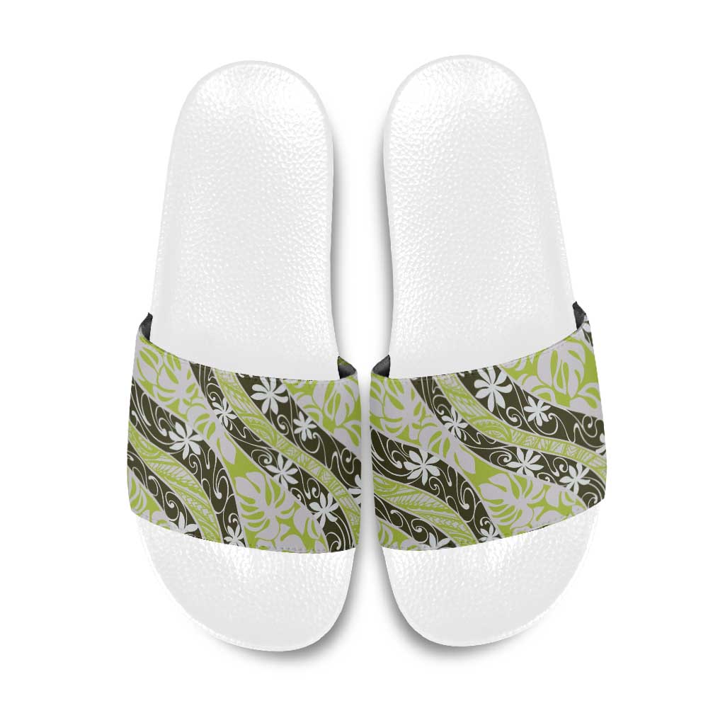 Olive Tahiti Tiare Monstera Slide Sandals Polynesian Pattern Curve Style - Polynesian Pride