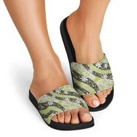 Olive Tahiti Tiare Monstera Slide Sandals Polynesian Pattern Curve Style - Polynesian Pride