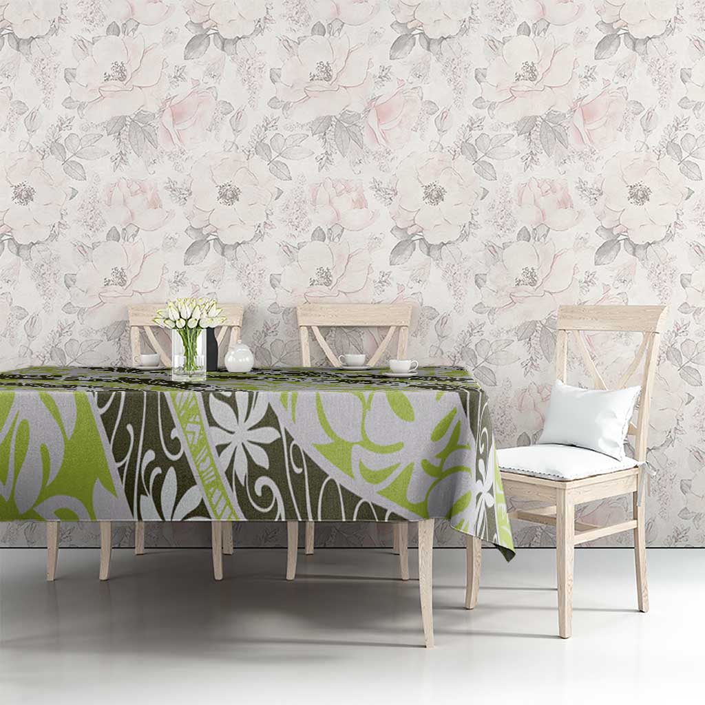Olive Tahiti Tiare Monstera Tablecloth Polynesian Pattern Curve Style - Polynesian Pride