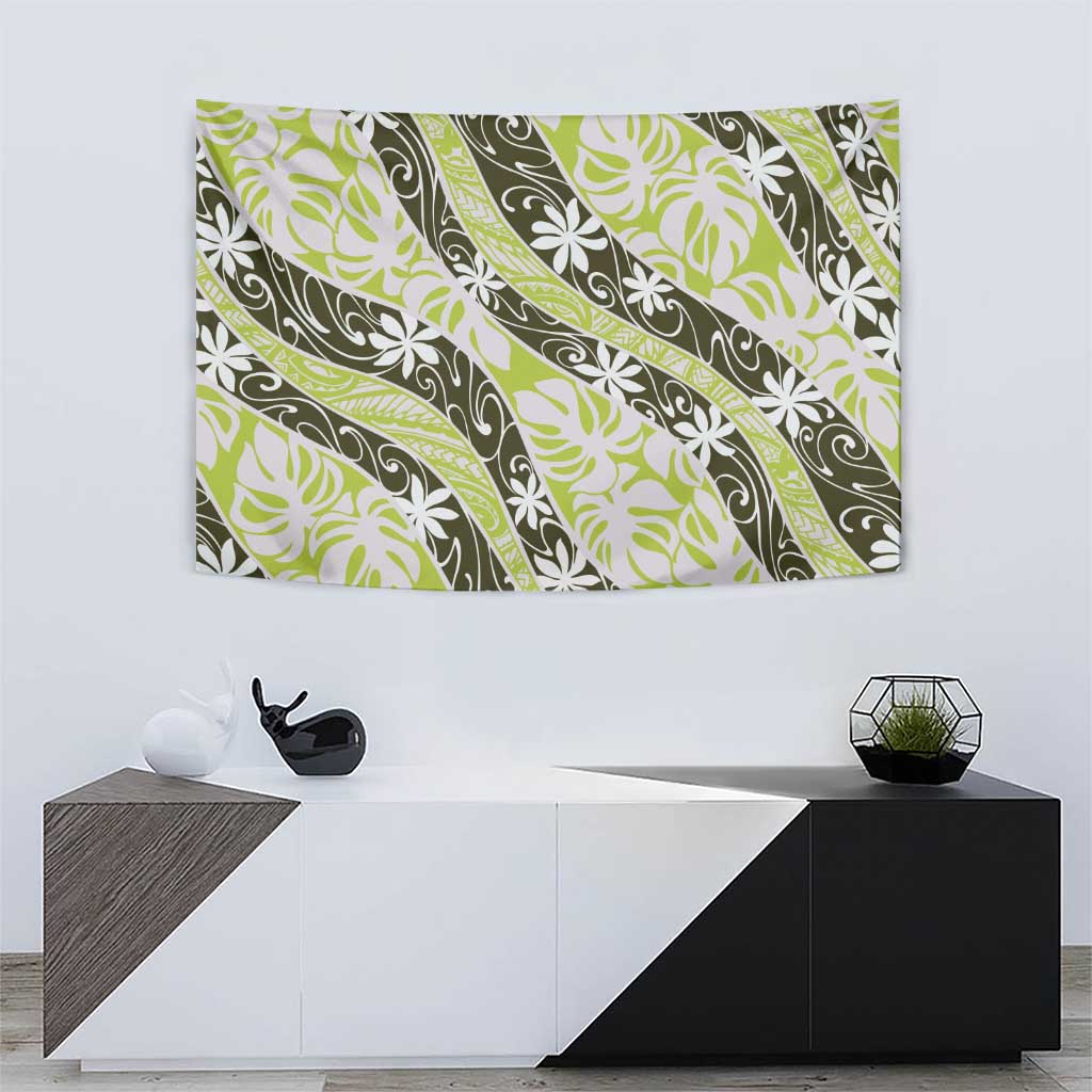 Olive Tahiti Tiare Monstera Tapestry Polynesian Pattern Curve Style - Polynesian Pride