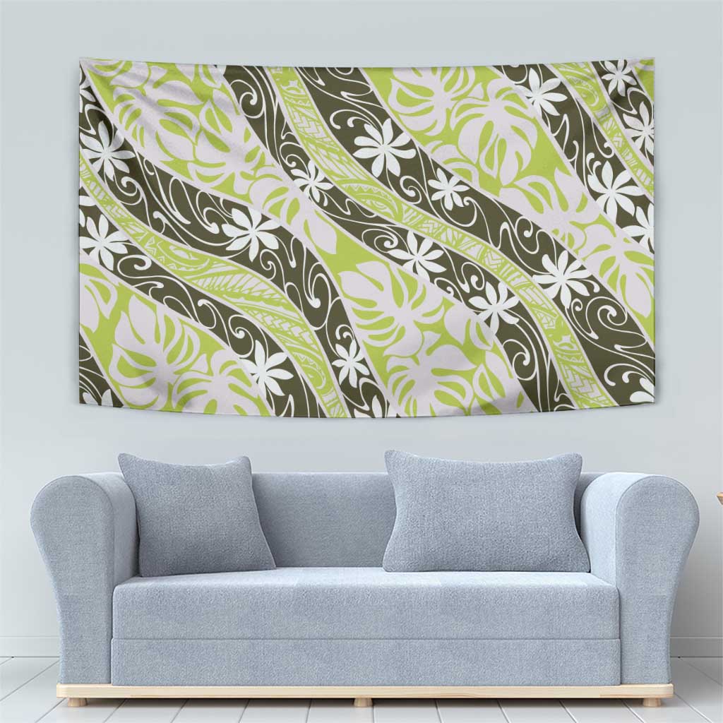 Olive Tahiti Tiare Monstera Tapestry Polynesian Pattern Curve Style - Polynesian Pride