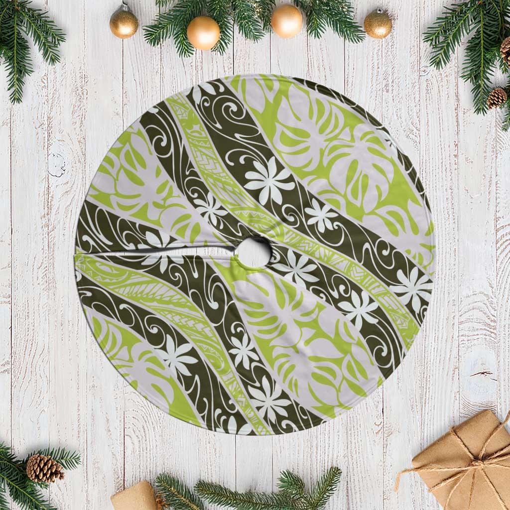 Olive Tahiti Tiare Monstera Tree Skirt Polynesian Pattern Curve Style - Polynesian Pride