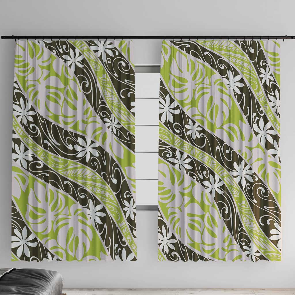 Olive Tahiti Tiare Monstera Window Curtain Polynesian Pattern Curve Style - Polynesian Pride
