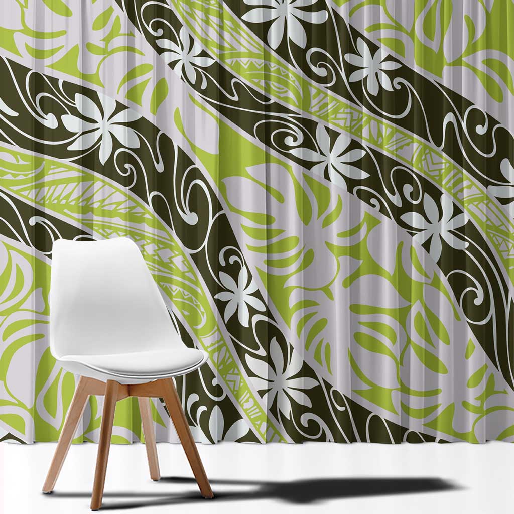 Olive Tahiti Tiare Monstera Window Curtain Polynesian Pattern Curve Style - Polynesian Pride