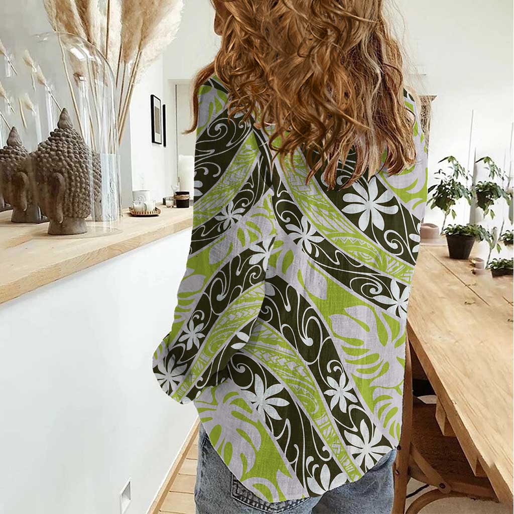 Olive Tahiti Tiare Monstera Women Casual Shirt Polynesian Pattern Curve Style - Polynesian Pride