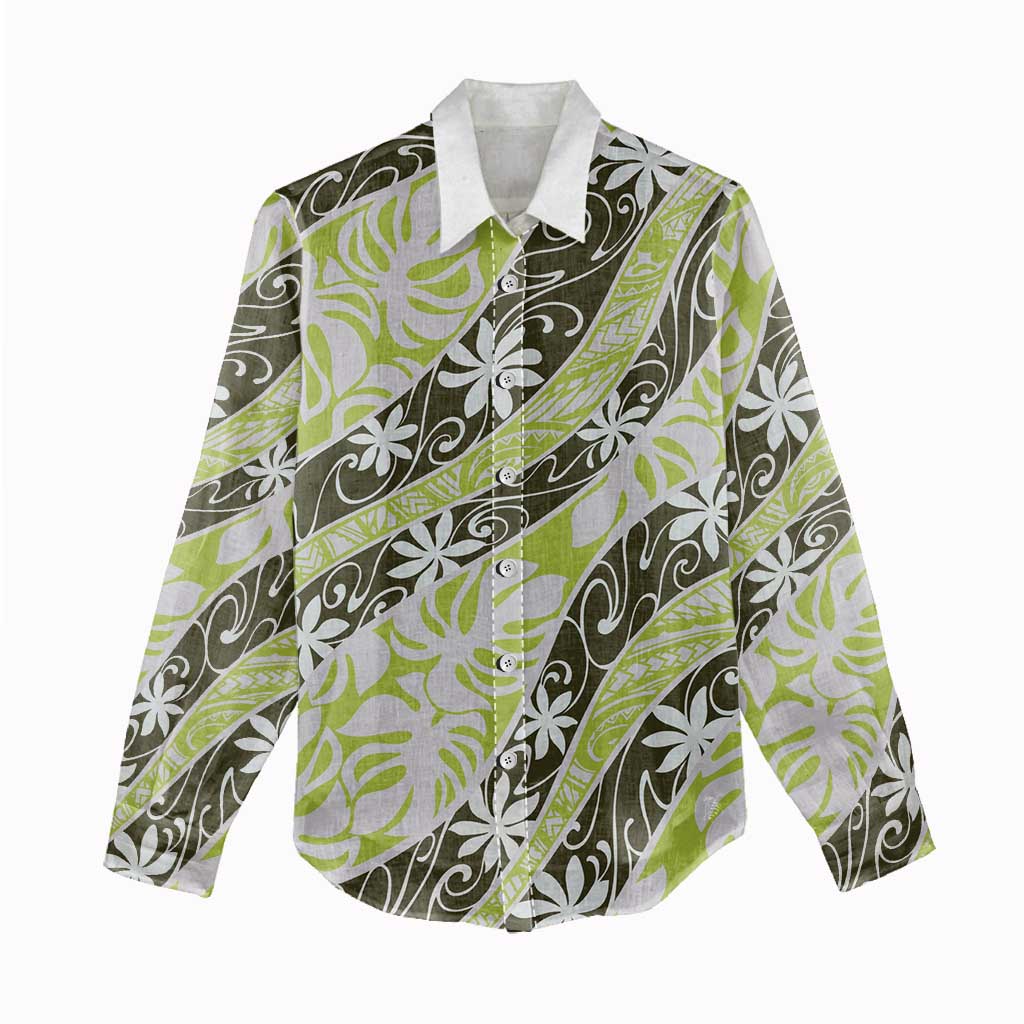 Olive Tahiti Tiare Monstera Women Casual Shirt Polynesian Pattern Curve Style - Polynesian Pride
