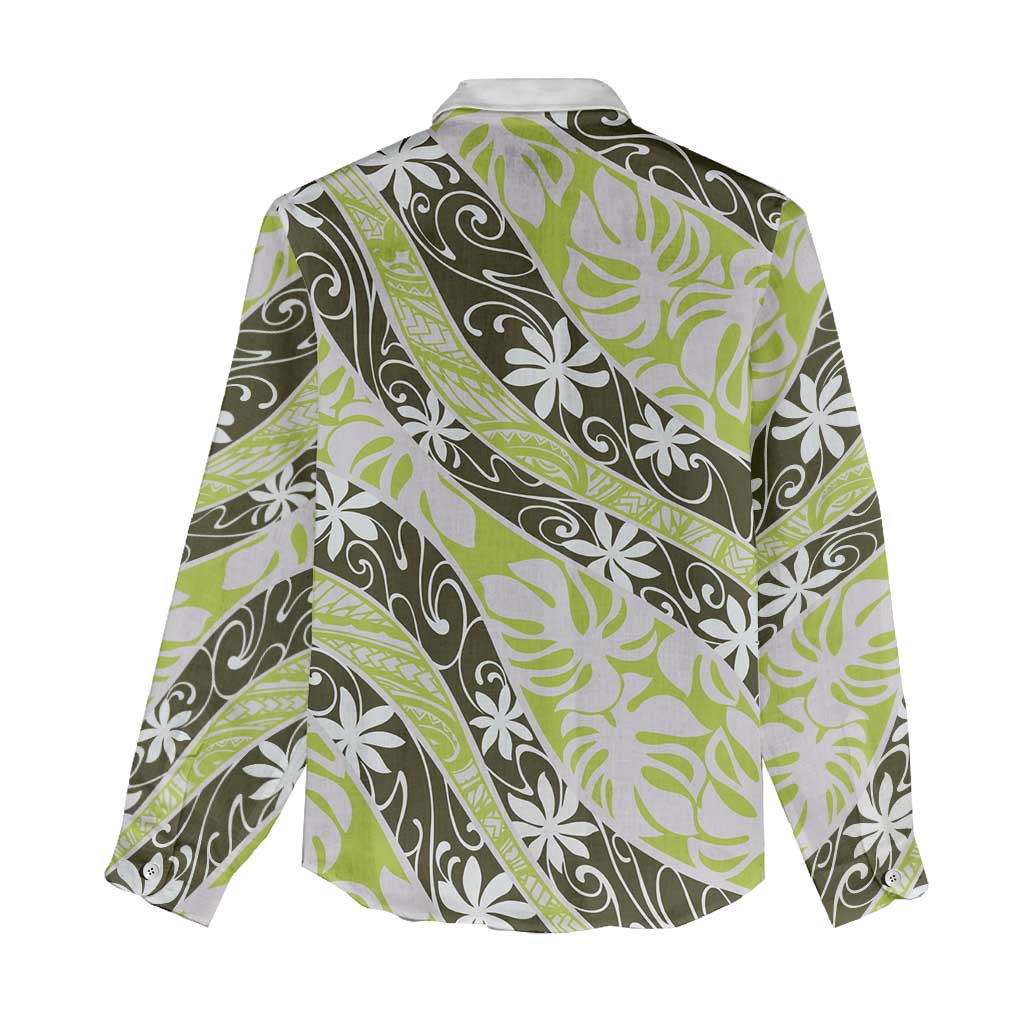 Olive Tahiti Tiare Monstera Women Casual Shirt Polynesian Pattern Curve Style - Polynesian Pride