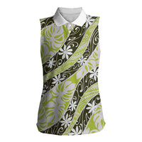 Olive Tahiti Tiare Monstera Women Sleeveless Polo Shirt Polynesian Pattern Curve Style - Polynesian Pride