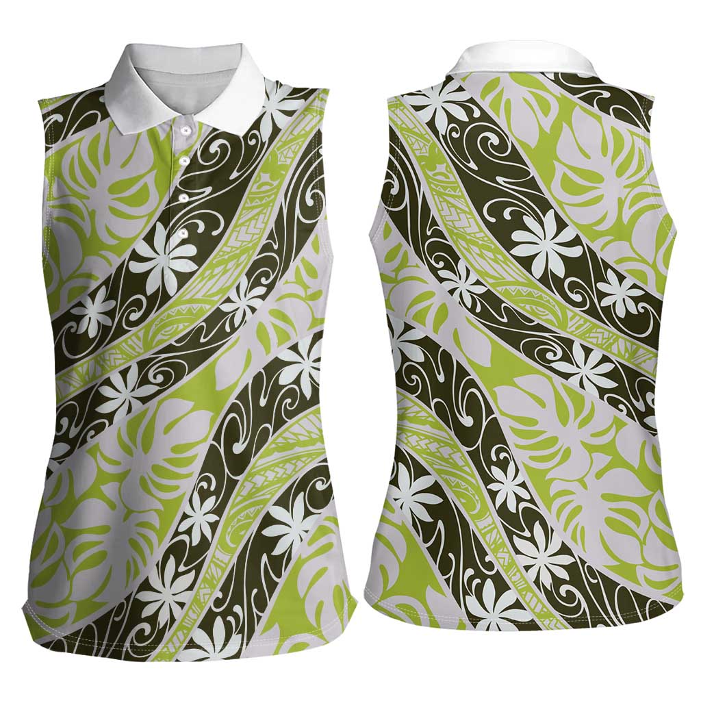 Olive Tahiti Tiare Monstera Women Sleeveless Polo Shirt Polynesian Pattern Curve Style - Polynesian Pride
