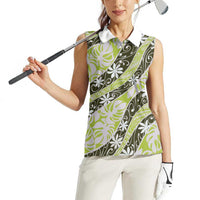Olive Tahiti Tiare Monstera Women Sleeveless Polo Shirt Polynesian Pattern Curve Style - Polynesian Pride