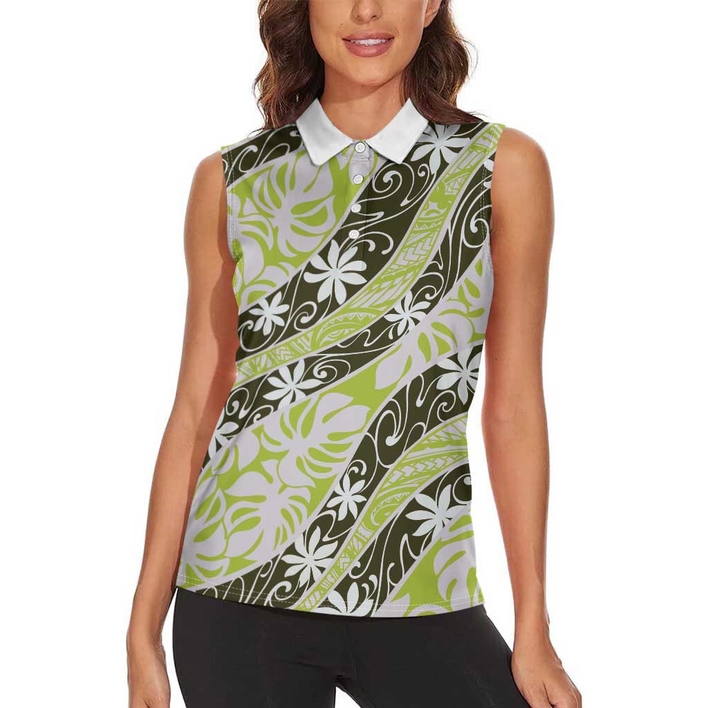 Olive Tahiti Tiare Monstera Women Sleeveless Polo Shirt Polynesian Pattern Curve Style - Polynesian Pride