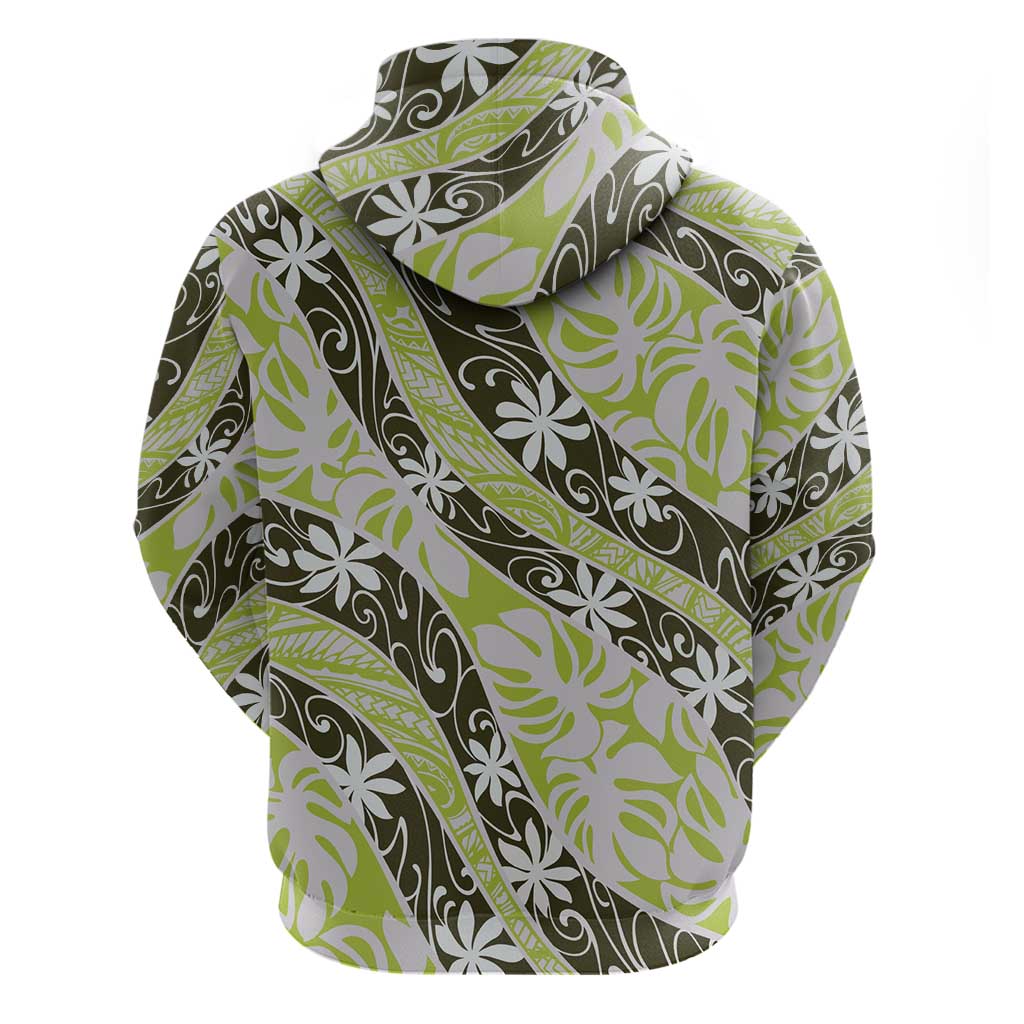 Olive Tahiti Tiare Monstera Zip Hoodie Polynesian Pattern Curve Style - Polynesian Pride