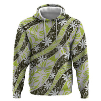 Olive Tahiti Tiare Monstera Zip Hoodie Polynesian Pattern Curve Style - Polynesian Pride