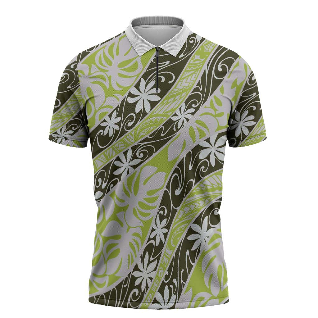 Olive Tahiti Tiare Monstera Zipper Polo Shirt Polynesian Pattern Curve Style - Polynesian Pride