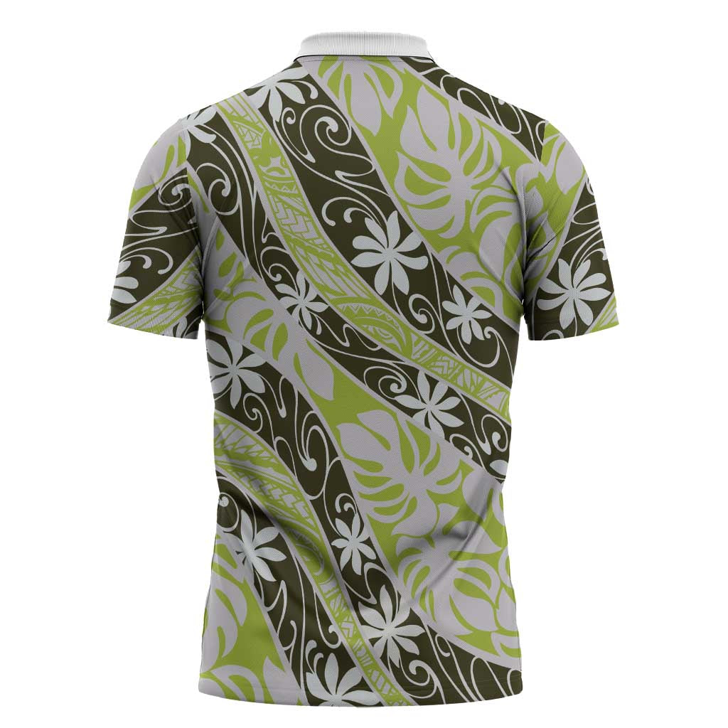 Olive Tahiti Tiare Monstera Zipper Polo Shirt Polynesian Pattern Curve Style - Polynesian Pride