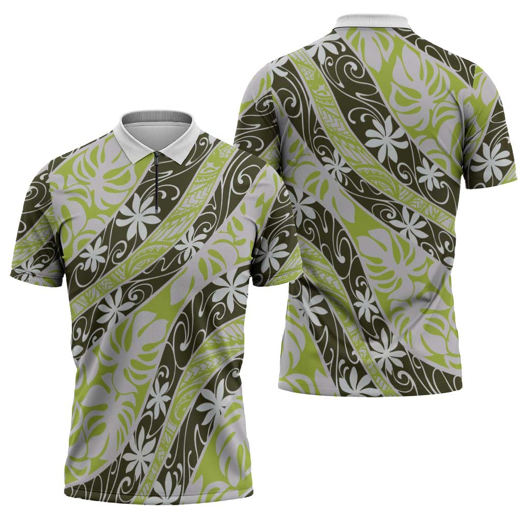 Olive Tahiti Tiare Monstera Zipper Polo Shirt Polynesian Pattern Curve Style - Polynesian Pride