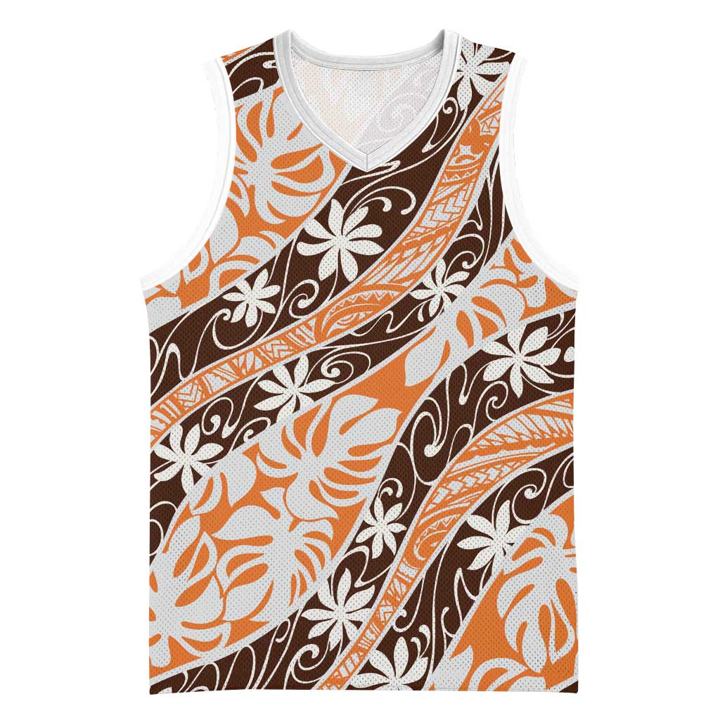 Puatou Tahiti Tiare Monstera Basketball Jersey Polynesian Pattern Curve Style - Polynesian Pride