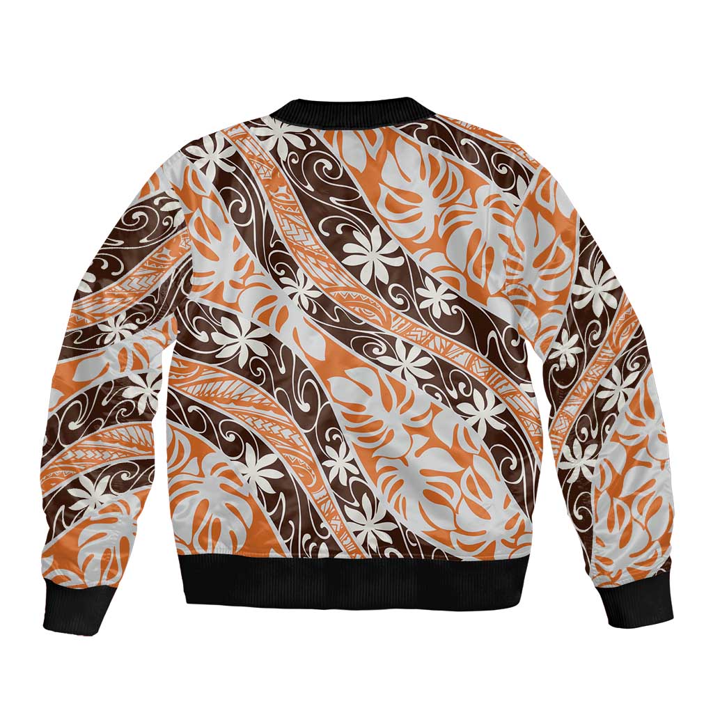 Puatou Tahiti Tiare Monstera Bomber Jacket Polynesian Pattern Curve Style - Polynesian Pride