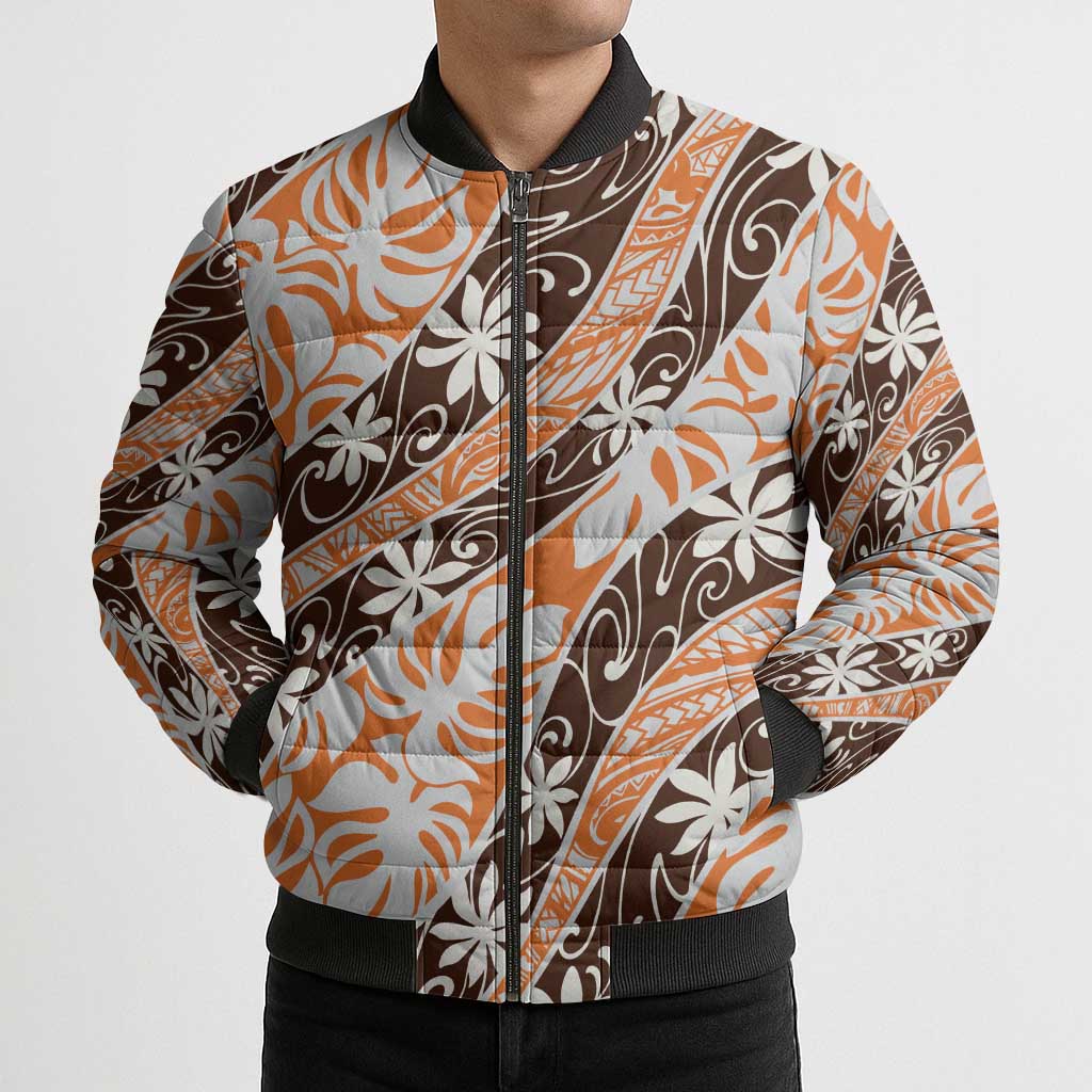 Puatou Tahiti Tiare Monstera Bomber Puffer Jacket Polynesian Pattern Curve Style - Polynesian Pride