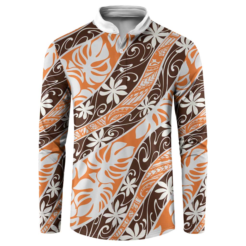 Puatou Tahiti Tiare Monstera Button Sweatshirt Polynesian Pattern Curve Style - Polynesian Pride