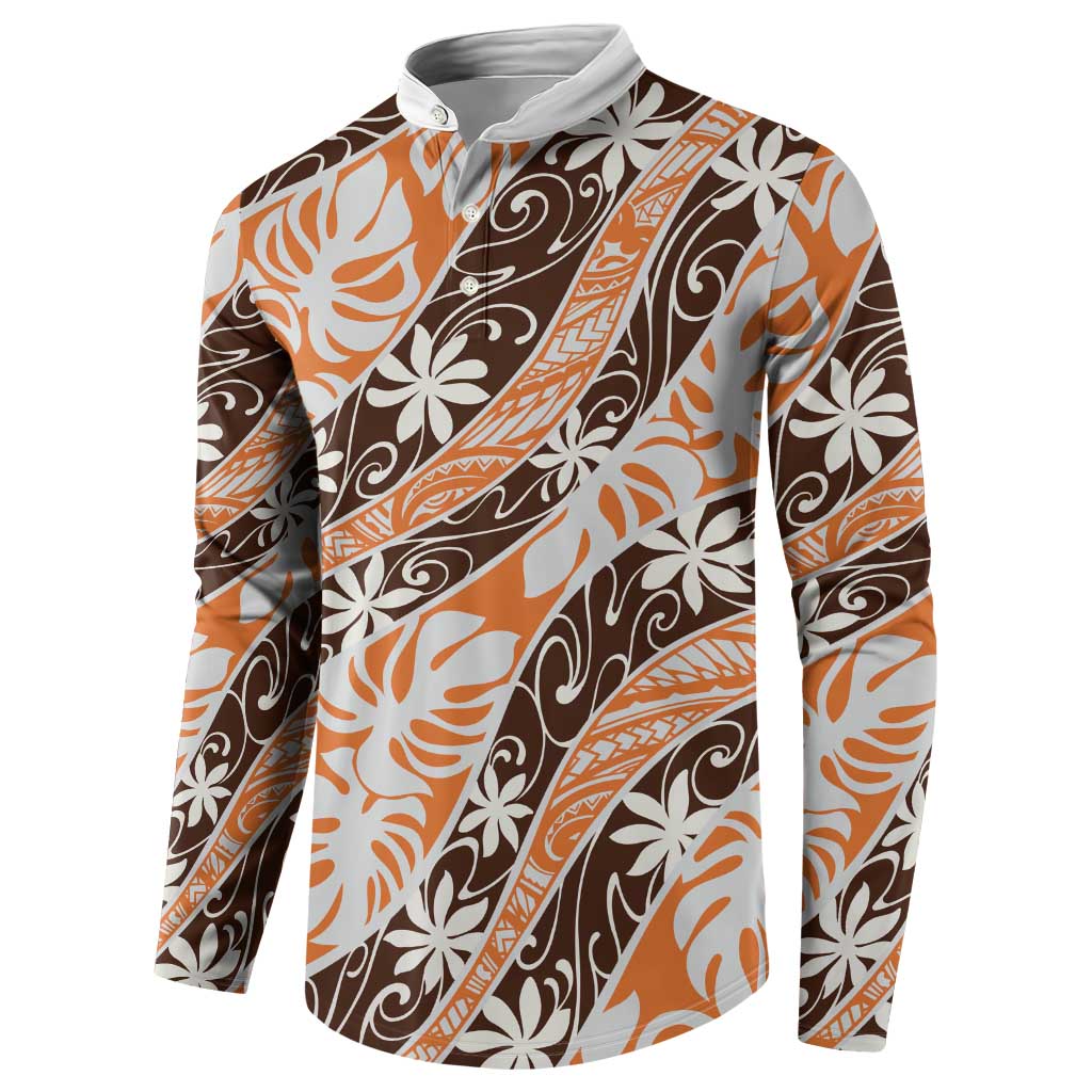 Puatou Tahiti Tiare Monstera Button Sweatshirt Polynesian Pattern Curve Style - Polynesian Pride