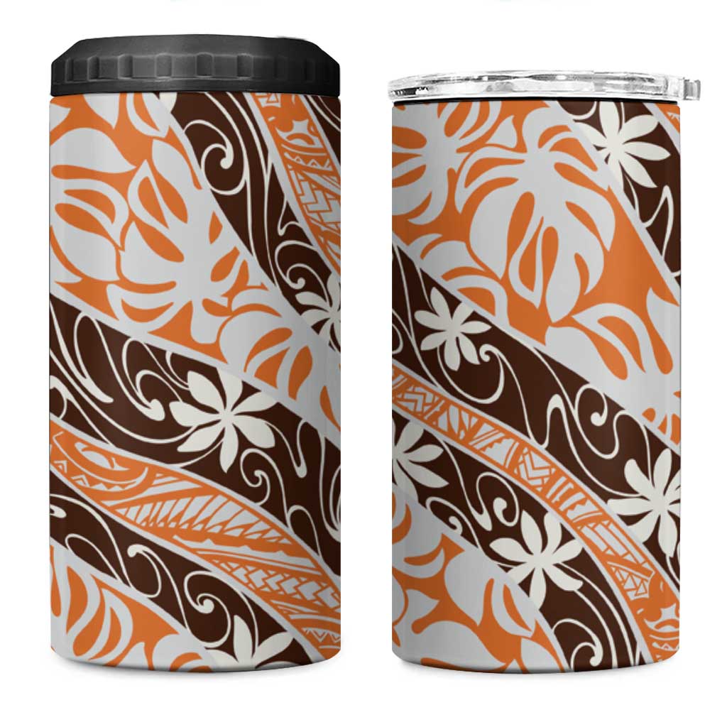 Puatou Tahiti Tiare Monstera 4 in 1 Can Cooler Tumbler Polynesian Pattern Curve Style - Polynesian Pride