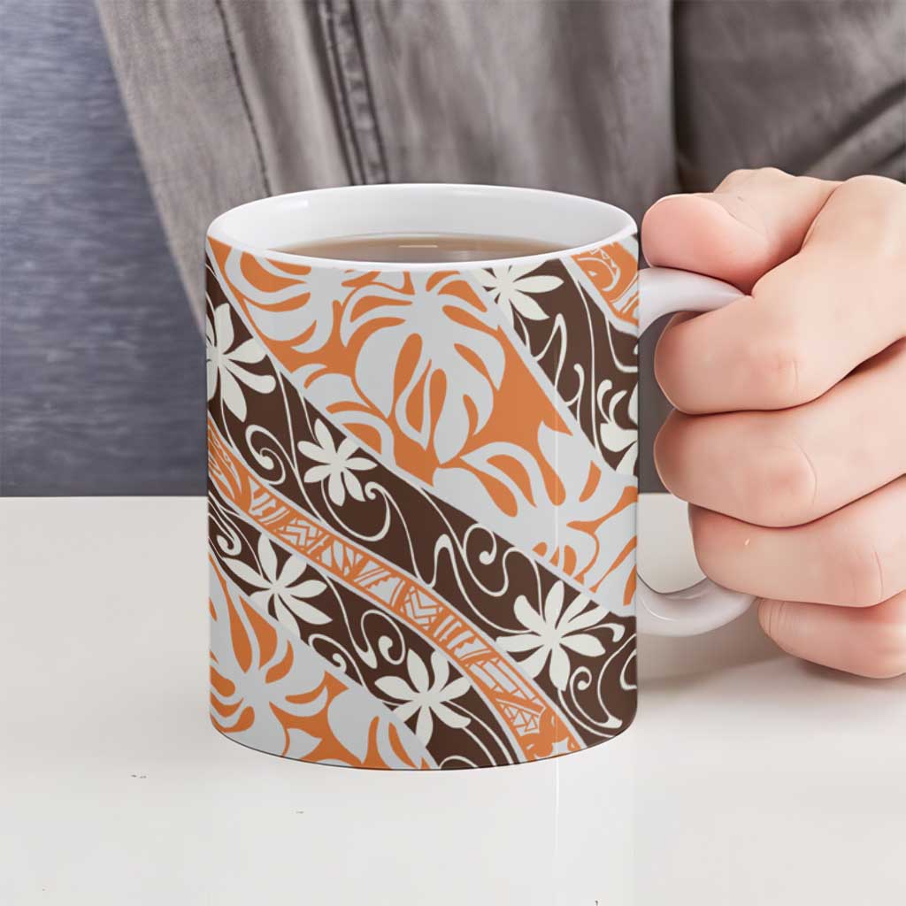Puatou Tahiti Tiare Monstera Ceramic Mug Polynesian Pattern Curve Style - Polynesian Pride