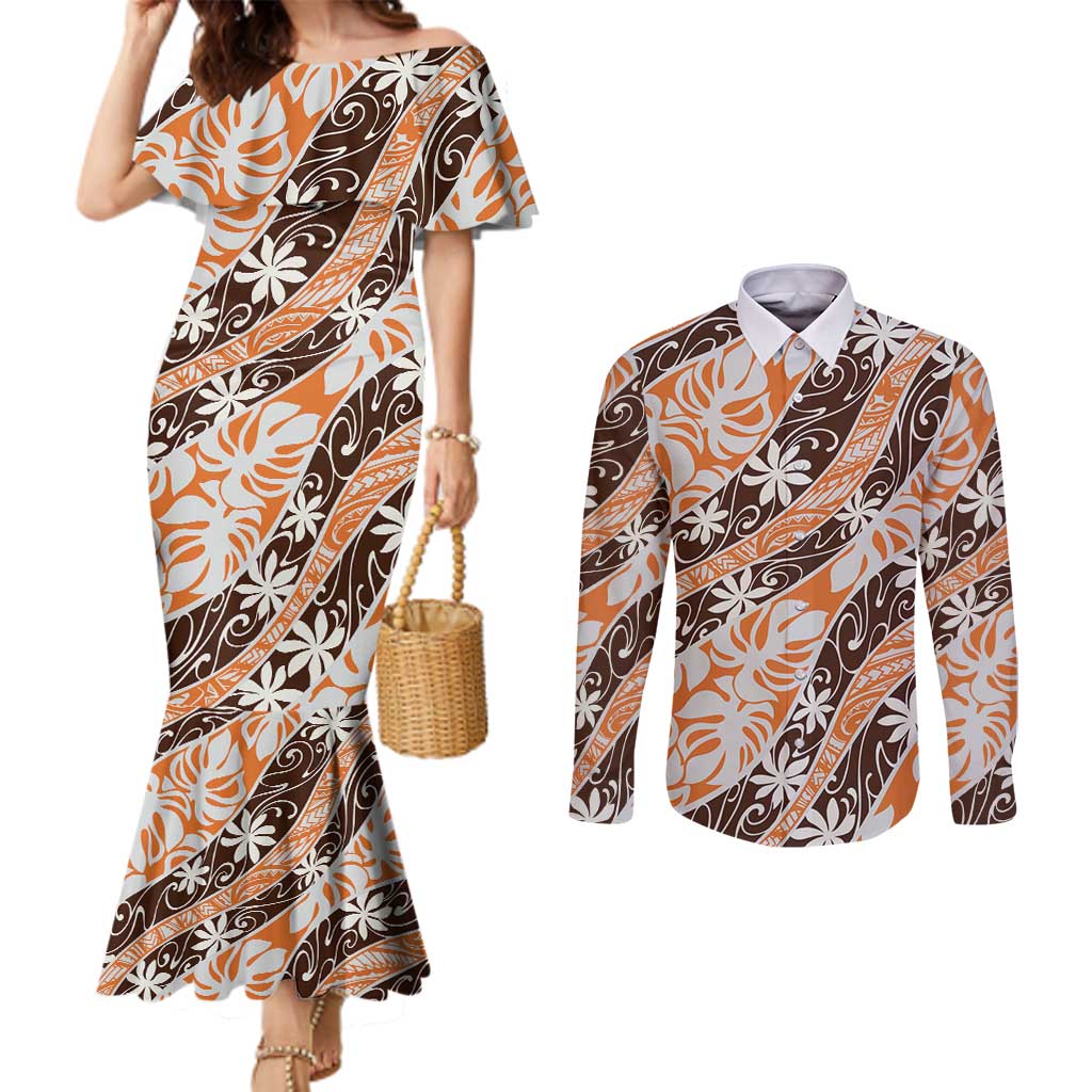 Puatou Tahiti Tiare Monstera Couples Matching Mermaid Dress and Long Sleeve Button Shirt Polynesian Pattern Curve Style - Polynesian Pride