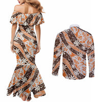 Puatou Tahiti Tiare Monstera Couples Matching Mermaid Dress and Long Sleeve Button Shirt Polynesian Pattern Curve Style - Polynesian Pride