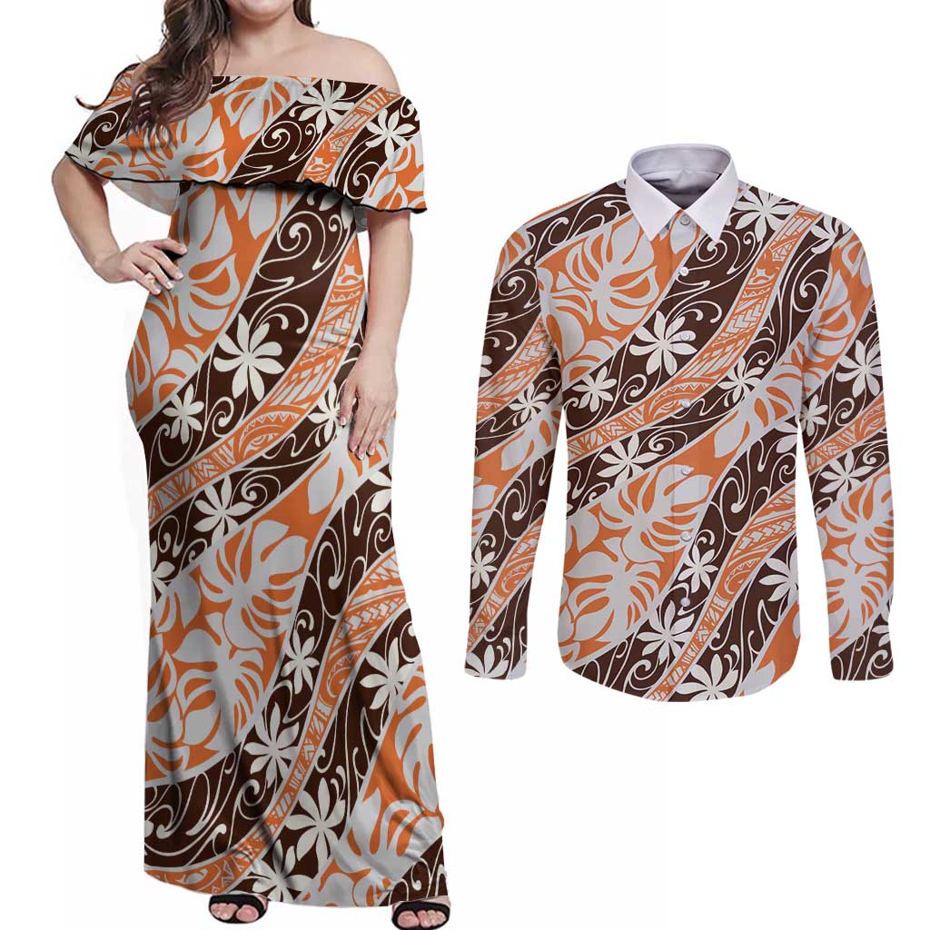Puatou Tahiti Tiare Monstera Couples Matching Off Shoulder Maxi Dress and Long Sleeve Button Shirt Polynesian Pattern Curve Style - Polynesian Pride