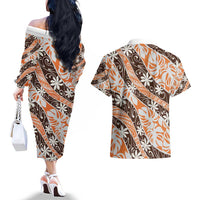Puatou Tahiti Tiare Monstera Couples Matching Off The Shoulder Long Sleeve Dress and Hawaiian Shirt Polynesian Pattern Curve Style - Polynesian Pride