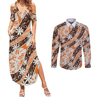 Puatou Tahiti Tiare Monstera Couples Matching Summer Maxi Dress and Long Sleeve Button Shirt Polynesian Pattern Curve Style - Polynesian Pride