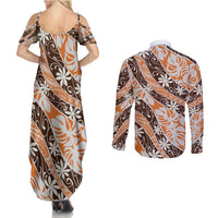 Puatou Tahiti Tiare Monstera Couples Matching Summer Maxi Dress and Long Sleeve Button Shirt Polynesian Pattern Curve Style - Polynesian Pride