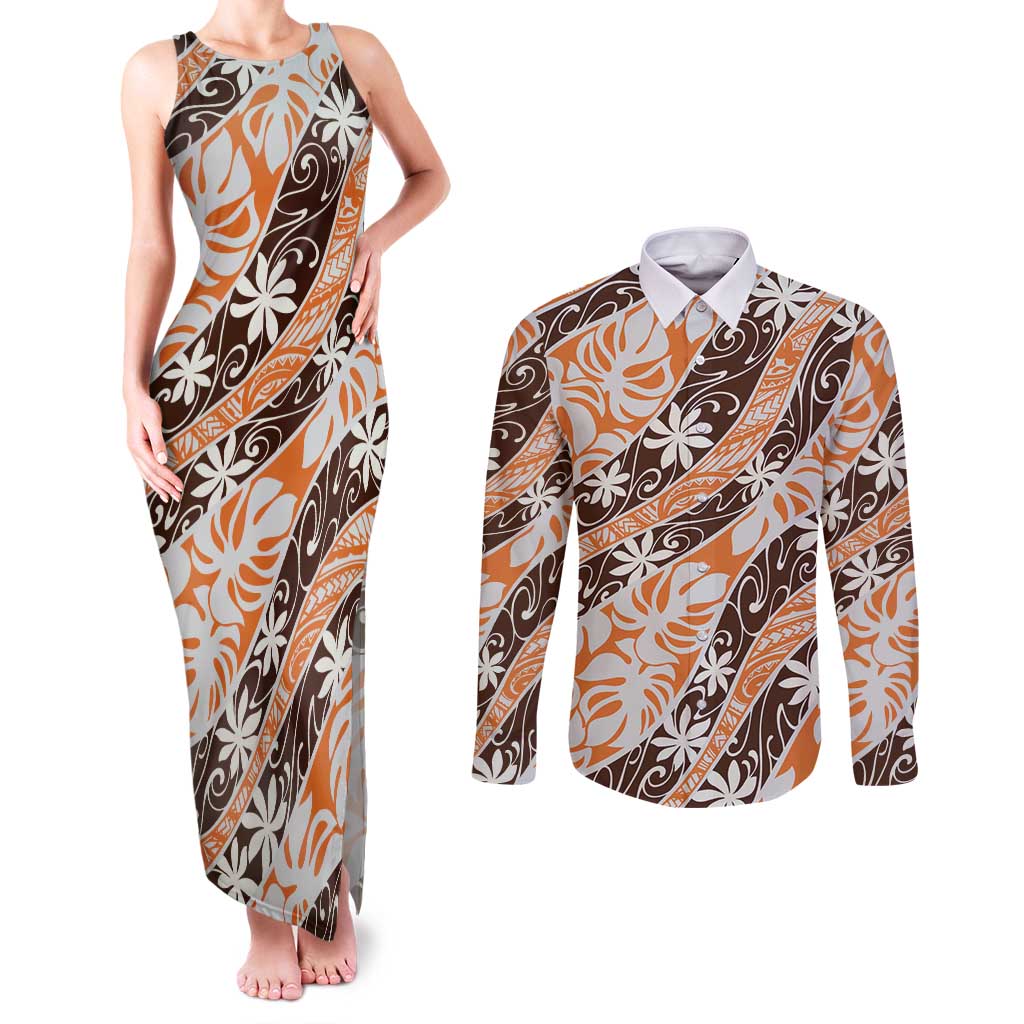 Puatou Tahiti Tiare Monstera Couples Matching Tank Maxi Dress and Long Sleeve Button Shirt Polynesian Pattern Curve Style - Polynesian Pride