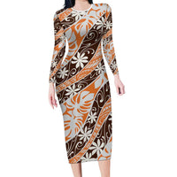Puatou Tahiti Tiare Monstera Family Matching Long Sleeve Bodycon Dress and Hawaiian Shirt Polynesian Pattern Curve Style - Polynesian Pride