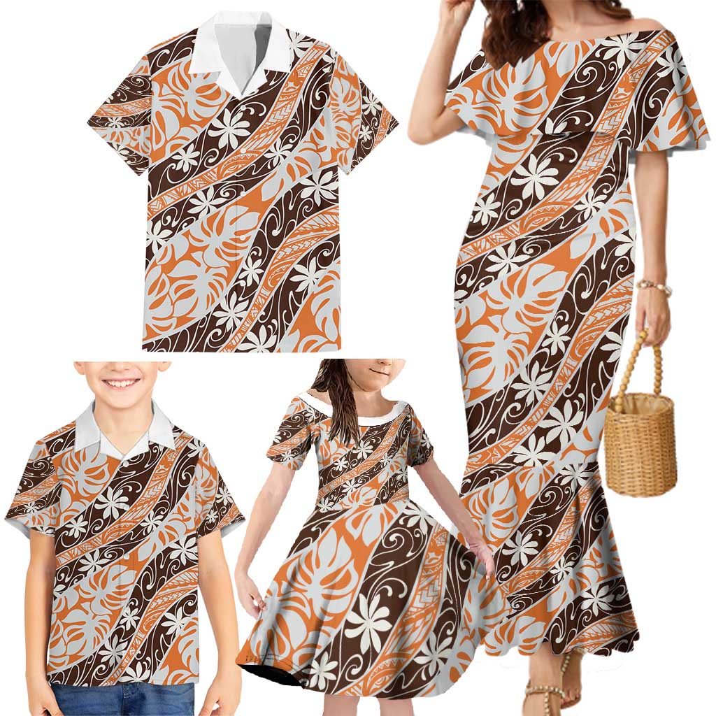 Puatou Tahiti Tiare Monstera Family Matching Mermaid Dress and Hawaiian Shirt Polynesian Pattern Curve Style - Polynesian Pride