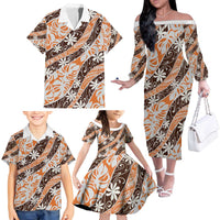 Puatou Tahiti Tiare Monstera Family Matching Off The Shoulder Long Sleeve Dress and Hawaiian Shirt Polynesian Pattern Curve Style - Polynesian Pride